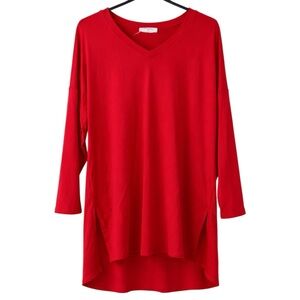 Zenana Red V-Neck Tunic Top Medium Hi-Low Long Sleeve Stretch Blouse